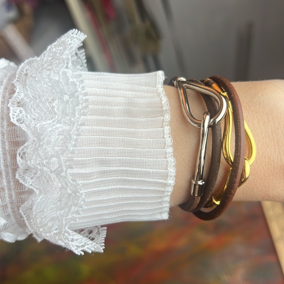 Hermes Hook Bracelet Jumbo Metal Logo Silver Color Brown Leather Chocker 15" - Picture 10 of 13